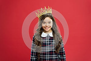 Kid wear golden crown symbol princess. Every girl dreaming become princess. Lady little princess. Girl wear crown red