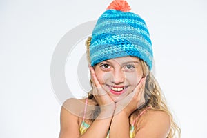 Kid wear warm soft knitted blue hat. Difference between knitting and crochet. Fall winter season accessory. Free