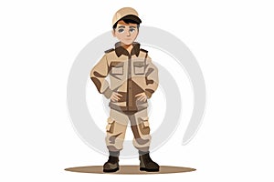 Kid wearing military uniform isolated vector style illustration