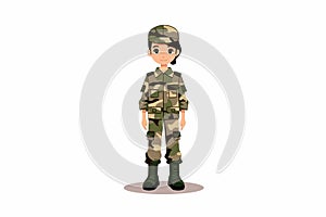 Kid wearing military uniform isolated vector style illustration