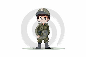 Kid wearing military uniform isolated vector style illustration