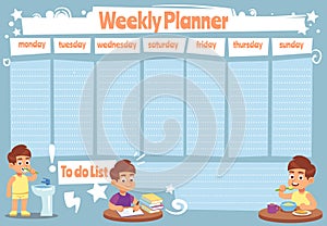 Kid weekly planner. Children cute calendar, weeks design for to do list notes of school schedule vector template