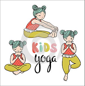 Kid yoga logo. Gymnastics for children. Healthy lifestyle poster. Vector illustration. Three girls in yoga poses.