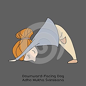 Kid yoga pose. Downward facing dog