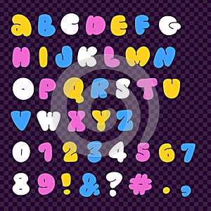 Kidcore style bubble font design, flat hand drawn alphabet letters and numbers. Trendy y2k vector illustration