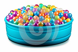 Kiddie soft pool full of colorful plastic balls isolated on white background. Generated AI