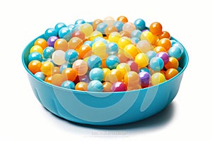 Kiddie soft pool full of colorful plastic balls isolated on white background. Generated AI