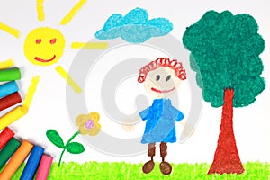 Kiddie style crayon drawing of a green meadow photo