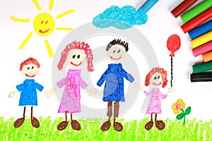 Kiddie style crayon drawing of a happy family