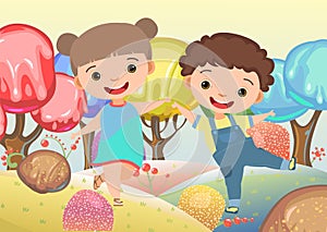 Kiddies on Candy Background. Cartoon sweet land. Boy and girl. Ice cream and caramel. Chocolate. Cute childrens