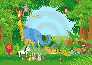 Kiddies cartoon illustration of animals in the jungle