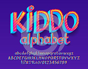 Kiddo alphabet font. 3D bright uppercase and lowercase letters, numbers and symbols.