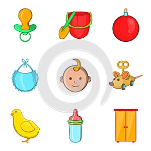 Kiddy icons set, cartoon style