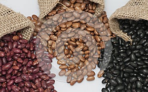 Kidney beans, pinto beans and black beans. photo