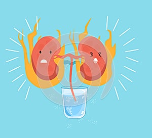 Kidney disease concept. Dehydration,impaired filtration.Cute kawaii human organ is suffered in fire.Nephrology.