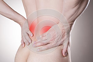 Kidney pain. Man with backache. Pain in the man's body