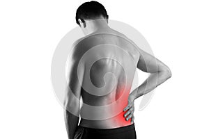 Kidney stones, pain in a man`s body isolated on white background, chronic diseases of the urinary system concept
