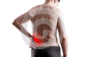 Kidney stones, pain in a man`s body isolated on white background, chronic diseases of the urinary system concept