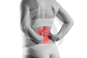 Kidney stones, pain in a woman`s body isolated on white background, chronic diseases of the urinary system concept