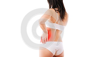 Kidney stones, pain in a woman`s body isolated on white background, chronic diseases of the urinary system concept