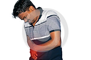 Kidneys or liver pain. Man holding his back. Medical concept