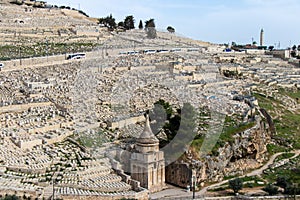 Kidron Valley and jewish cemetery in Mount of Olives. Tomb of Absalom