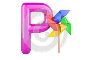 Kids ABC, Letter P with pinwheel. 3D rendering