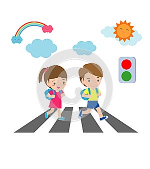 Kids across the road, Students walk across the crosswalk with a traffic light,back to school,Vector Illustration.