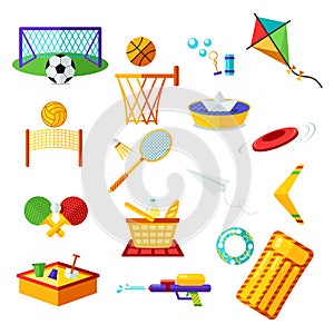 Kids activities. Elements flat collection of summer outdoor recreation and on the beach. Summer holiday activity symbols set.