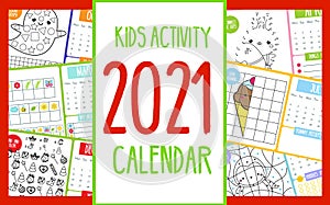 Kids activity calendar. 2021 annual calendar with educational games for kids and toddlers. Printable template