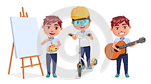 Kids activity vector character set design. Boy characters in painting, playing guitar and riding scooter element for school.