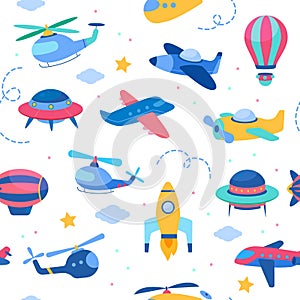 Kids air transport seamless pattern. Aeroplanes and rockets, helicopters and ufos, cute childish design, boys nursery