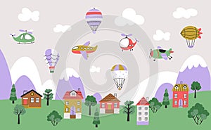 Kids airplanes landscape. Airplane and hot air balloons flying in sky. Cute children background with cartoon aurcraft