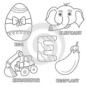 Kids alphabet coloring book page with outlined clip arts. Letter E