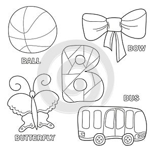 Kids alphabet coloring book page with outlined clip arts to color. Letter B
