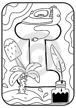 Kids alphabet coloring page ABC - letter I. Coloring book page for children in doodle style. Hand drawn alphabet letter.