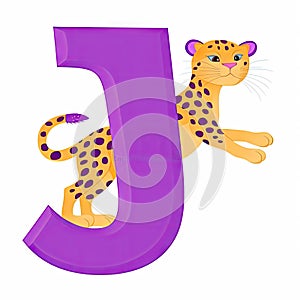 Kids alphabet. Cute cartoon jaguar, jumping near purple letter J on white background. Children abc lettering. AI