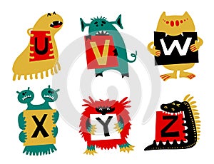 Kids alphabet with cute colorful monsters or insects. Funny fi