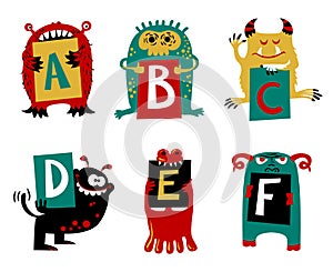 Kids alphabet with cute colorful monsters or insects. Funny fi