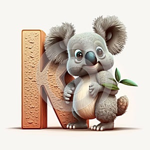 Kids alphabet. Cute grey cartoon koala, standing near orange letter K on white background. Children abc letters. AI