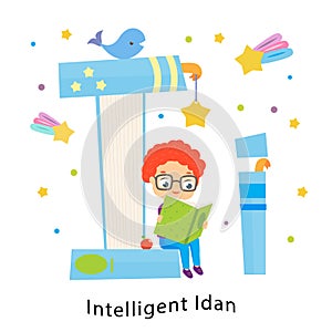 Kids alphabet. English letters with cartoon children characters. I for Intelligent Idan. boy reading book