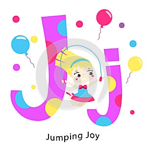 Kids alphabet. English letters with cartoon children characters. J for jumping Joy. Girl playing with jumping rope