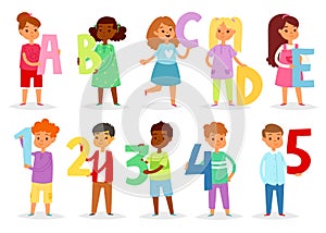 Kids alphabet vector cartoon children font and boy or girl character holding alphabetic letter or number illustration