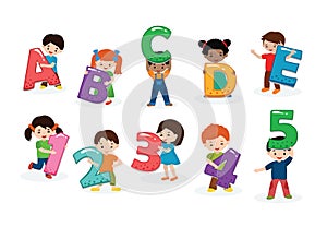 Kids alphabet vector children font and boy or girl character holding alphabetic letter or number illustration