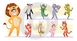 Kids in animal costumes. Little happy people wearing animal clothes furry colored clothes exact vector carnival or kids