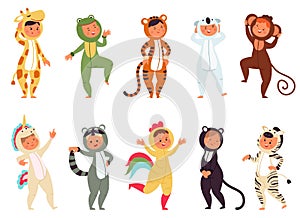 Kids in animal pajamas. Child wear cloth for sleepover, funny pajama or animals costumes. Isolated person on fun party