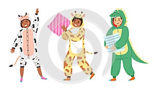 Kids animal pajamas. Smiling boys and girls in overalls. Cow, giraffe and dragon funny costumes, clothes with