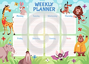 Kids animals weekly planner. School student schedule with wild fauna, children to do list with rabbit elephant and lion