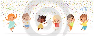 Kids anniversary. Happy childrens jumping in confetti stars celebration fun party time vector teenagers characters