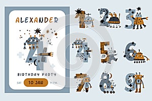 Kids anniversary numbers. Birthday party decor, cute robots, boys theme design cards, toys with big numerals, funny
